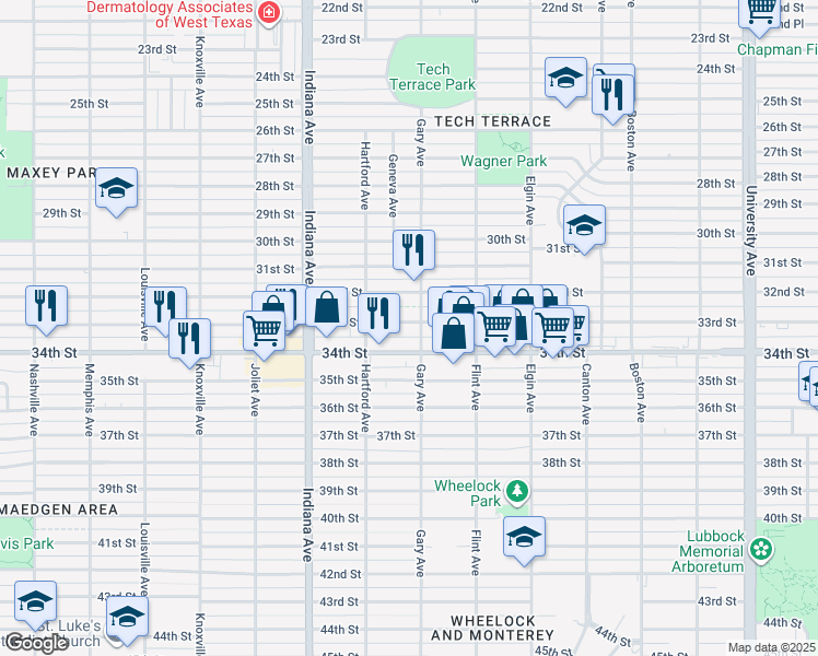 map of restaurants, bars, coffee shops, grocery stores, and more near 3211 33rd Street in Lubbock