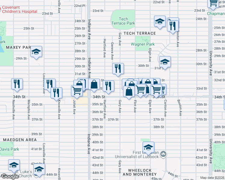 map of restaurants, bars, coffee shops, grocery stores, and more near 3211 33rd Street in Lubbock