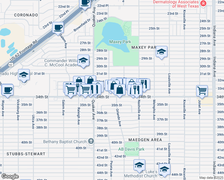 map of restaurants, bars, coffee shops, grocery stores, and more near 4117 33rd Street in Lubbock