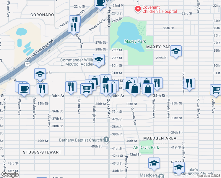 map of restaurants, bars, coffee shops, grocery stores, and more near 3302 Quaker Avenue in Lubbock