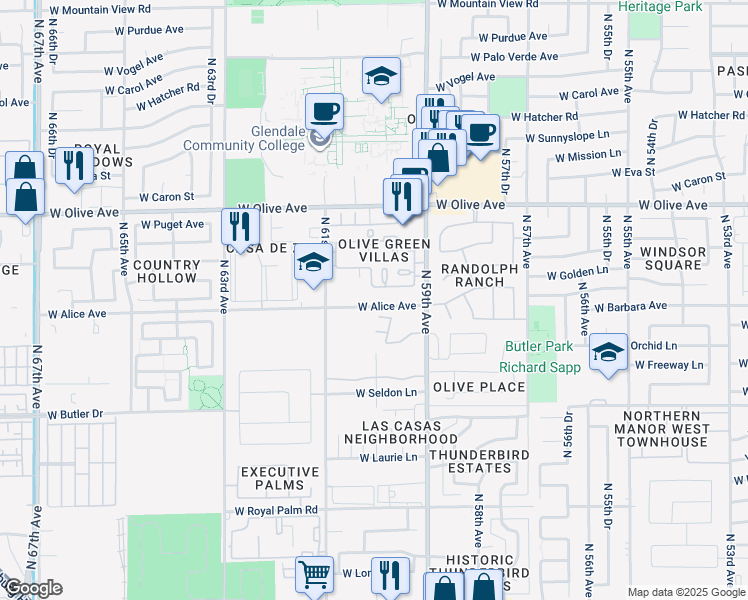 map of restaurants, bars, coffee shops, grocery stores, and more near 5936 West Alice Avenue in Glendale