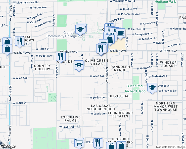 map of restaurants, bars, coffee shops, grocery stores, and more near 5936 West Alice Avenue in Glendale