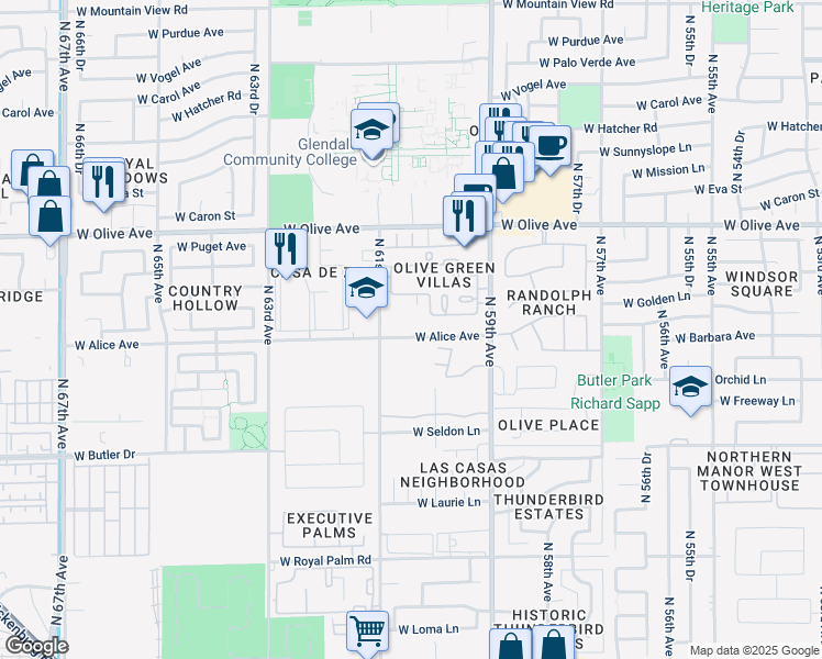 map of restaurants, bars, coffee shops, grocery stores, and more near 6034 West Alice Avenue in Glendale