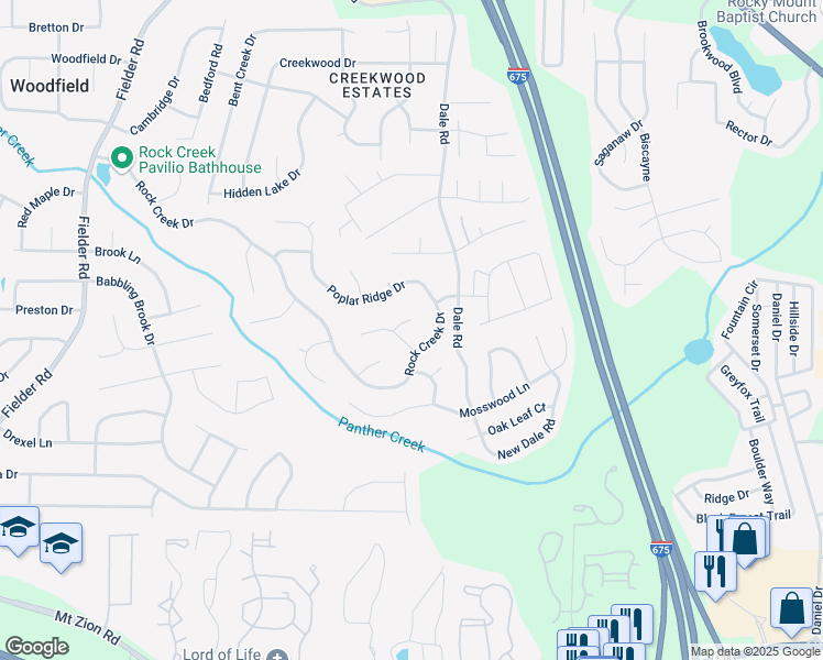 map of restaurants, bars, coffee shops, grocery stores, and more near 3407 Deerwood Court in Rex