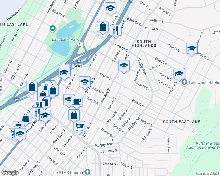 map of restaurants, bars, coffee shops, grocery stores, and more near 8019 4th Avenue South in Birmingham