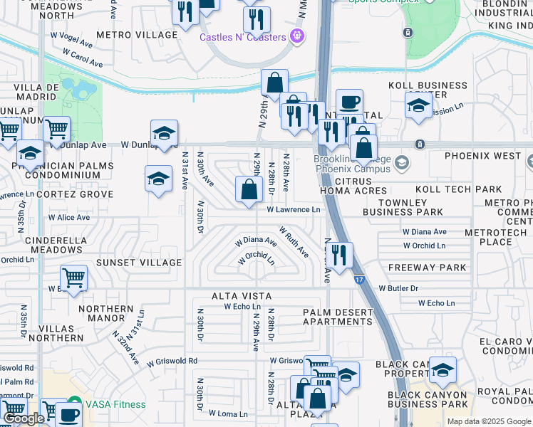 map of restaurants, bars, coffee shops, grocery stores, and more near 2825 West Lawrence Lane in Phoenix