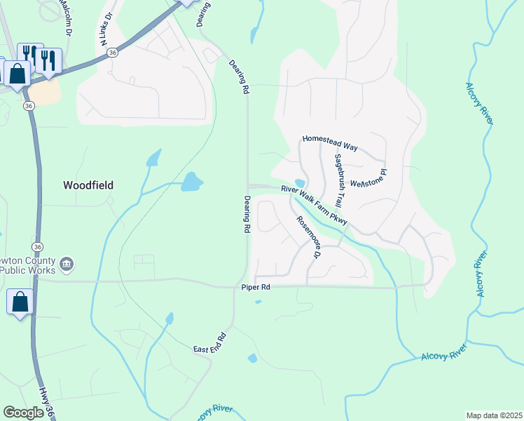 map of restaurants, bars, coffee shops, grocery stores, and more near 205 Kestrel Circle in Covington