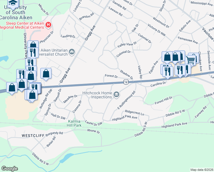 map of restaurants, bars, coffee shops, grocery stores, and more near 1213 Richland Avenue West in Aiken