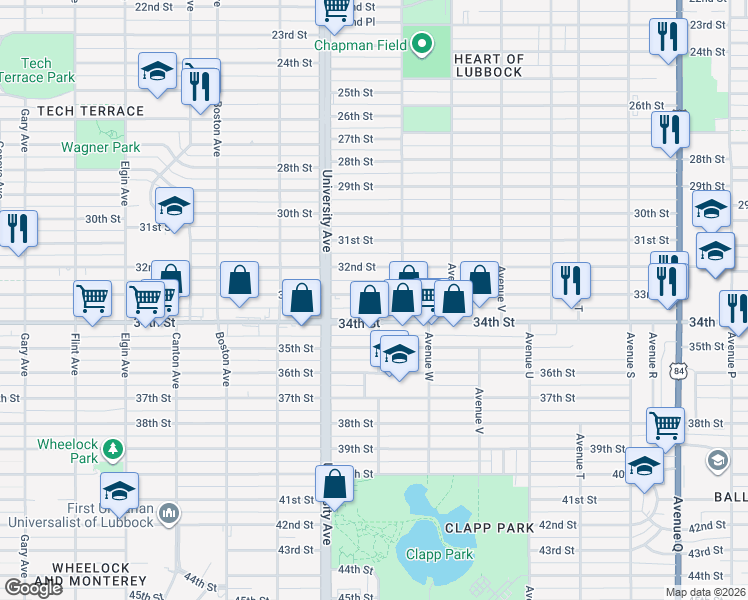map of restaurants, bars, coffee shops, grocery stores, and more near 2405 33rd Street in Lubbock