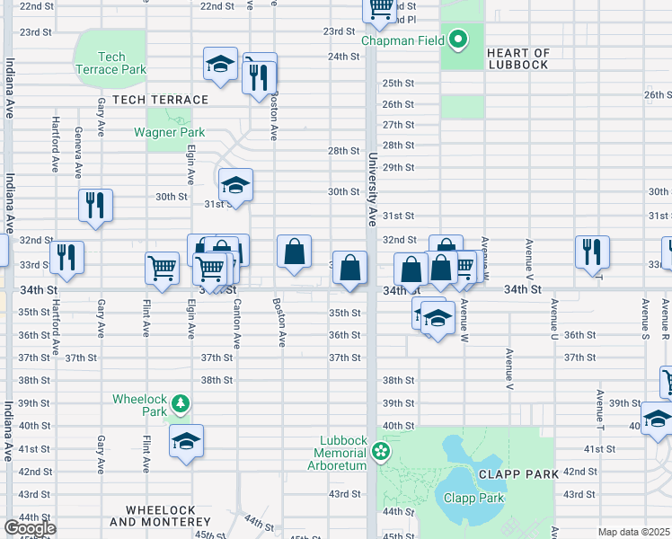 map of restaurants, bars, coffee shops, grocery stores, and more near 2517 33rd Street in Lubbock