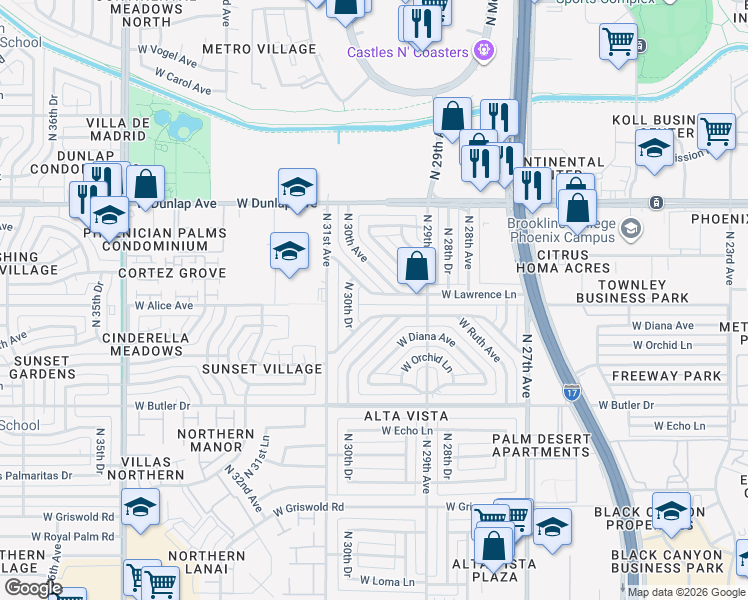 map of restaurants, bars, coffee shops, grocery stores, and more near 3001 West Lawrence Lane in Phoenix