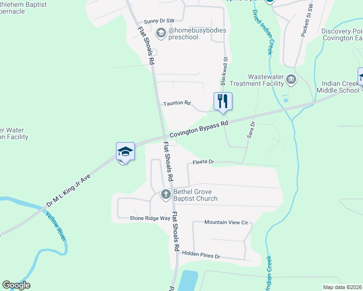 map of restaurants, bars, coffee shops, grocery stores, and more near 75 Fleeta Drive in Covington