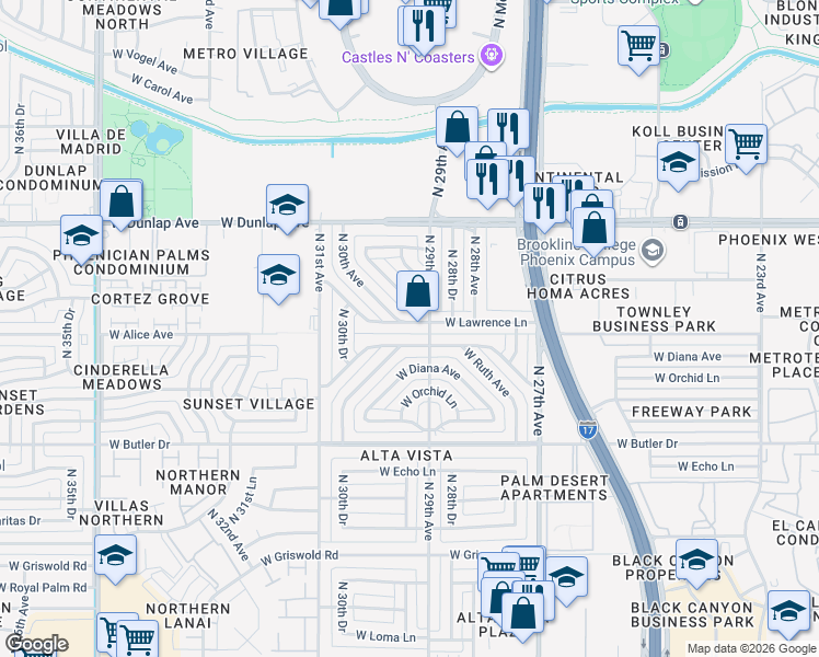 map of restaurants, bars, coffee shops, grocery stores, and more near 2917 West Lawrence Lane in Phoenix