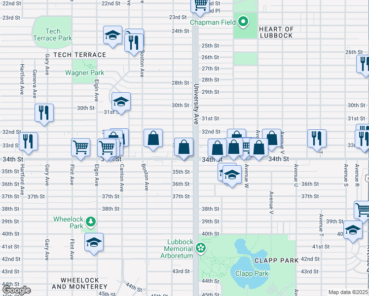 map of restaurants, bars, coffee shops, grocery stores, and more near 2505 33rd Street in Lubbock