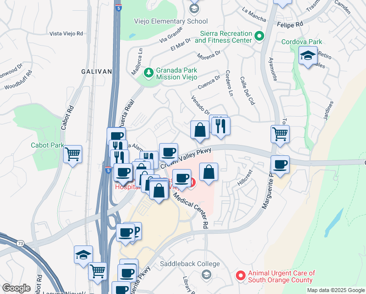 map of restaurants, bars, coffee shops, grocery stores, and more near 27401 Los Altos in Mission Viejo