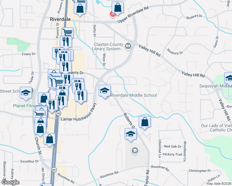 map of restaurants, bars, coffee shops, grocery stores, and more near 7057 Brookview Creek in Riverdale