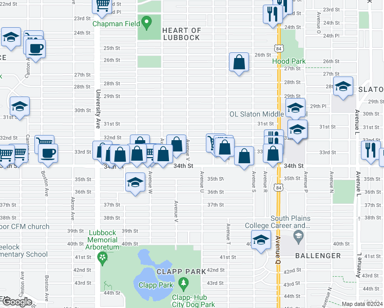 map of restaurants, bars, coffee shops, grocery stores, and more near 2121 33rd Street in Lubbock