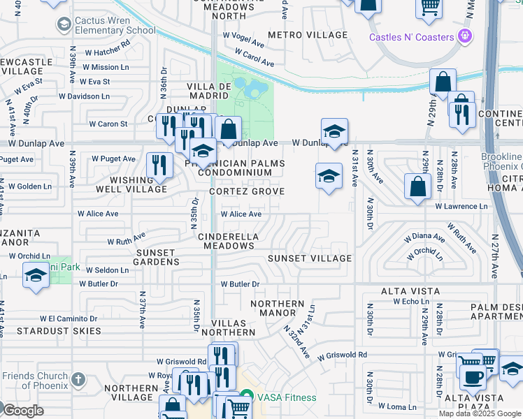 map of restaurants, bars, coffee shops, grocery stores, and more near 3323 West Tangerine Lane in Phoenix