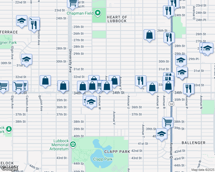 map of restaurants, bars, coffee shops, grocery stores, and more near 2219 33rd Street in Lubbock