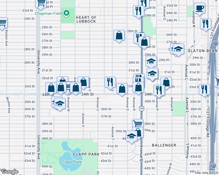 map of restaurants, bars, coffee shops, grocery stores, and more near 2007 33rd Street in Lubbock