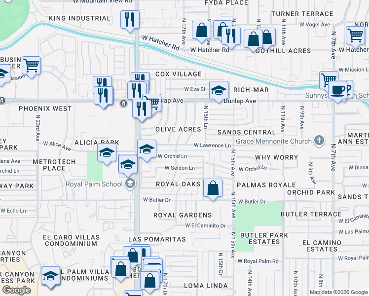 map of restaurants, bars, coffee shops, grocery stores, and more near 1579 West Lawrence Lane in Phoenix