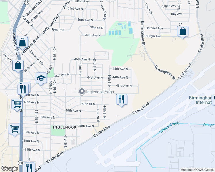 map of restaurants, bars, coffee shops, grocery stores, and more near 4224 44th Street North in Birmingham