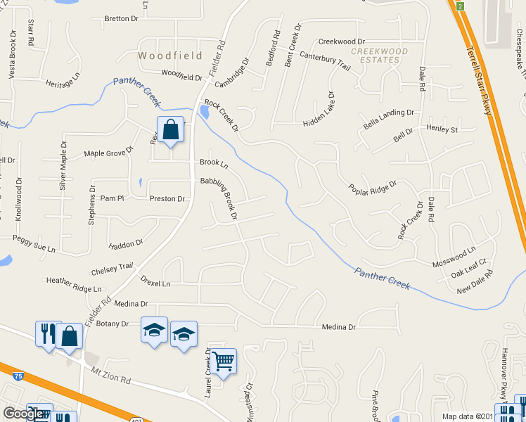map of restaurants, bars, coffee shops, grocery stores, and more near 3140 Brook Hollow Drive in Rex