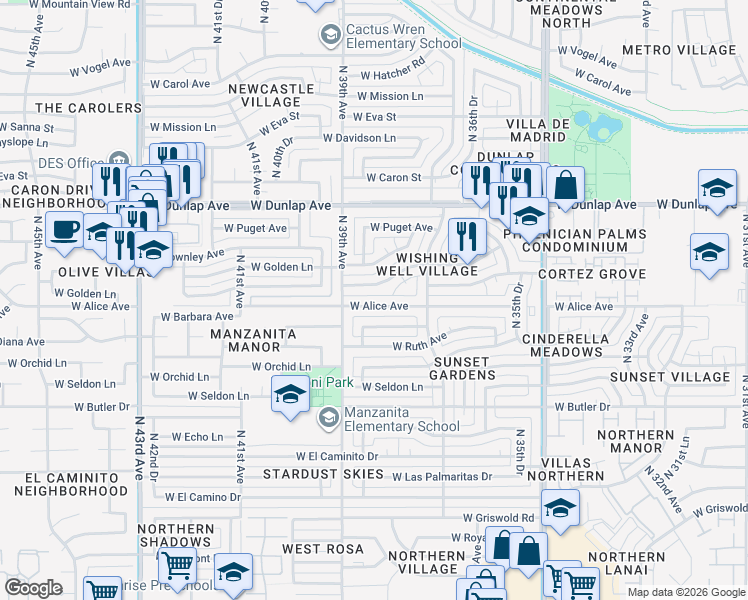 map of restaurants, bars, coffee shops, grocery stores, and more near 3820 West Alice Avenue in Phoenix