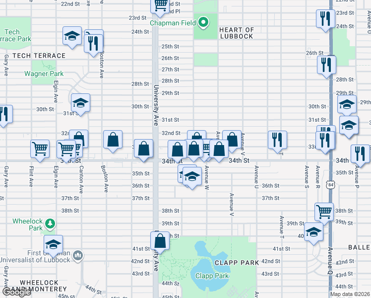 map of restaurants, bars, coffee shops, grocery stores, and more near 2405 33rd Street in Lubbock
