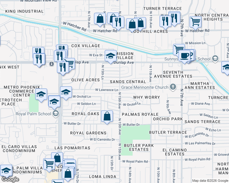 map of restaurants, bars, coffee shops, grocery stores, and more near 1513 West Lawrence Lane in Phoenix