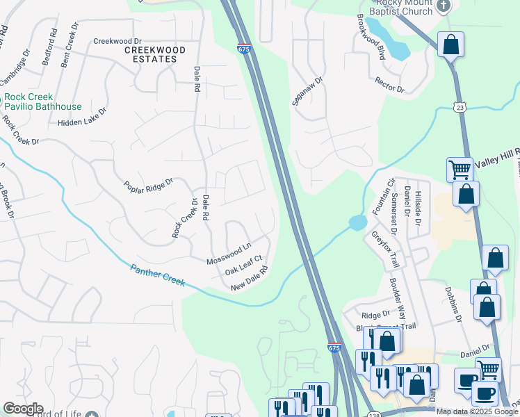map of restaurants, bars, coffee shops, grocery stores, and more near 7317 New Dale Road in Rex