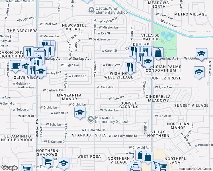 map of restaurants, bars, coffee shops, grocery stores, and more near 3820 West Alice Avenue in Phoenix