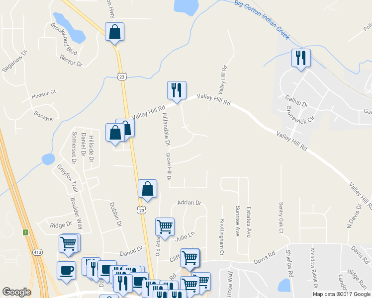 map of restaurants, bars, coffee shops, grocery stores, and more near 325 Grove Hill Drive in Stockbridge