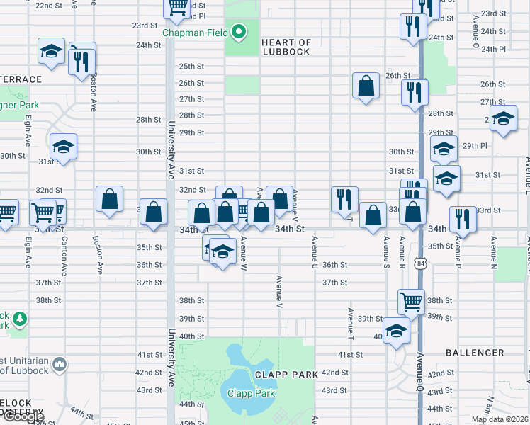 map of restaurants, bars, coffee shops, grocery stores, and more near 2219 33rd Street in Lubbock