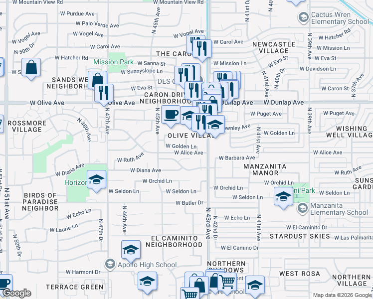 map of restaurants, bars, coffee shops, grocery stores, and more near 4405 West Golden Lane in Glendale