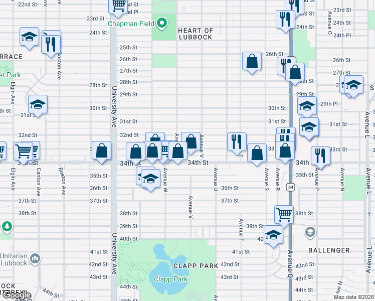 map of restaurants, bars, coffee shops, grocery stores, and more near 2205 33rd Street in Lubbock