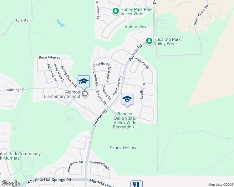 map of restaurants, bars, coffee shops, grocery stores, and more near 38318 Tranquila Avenue in Murrieta