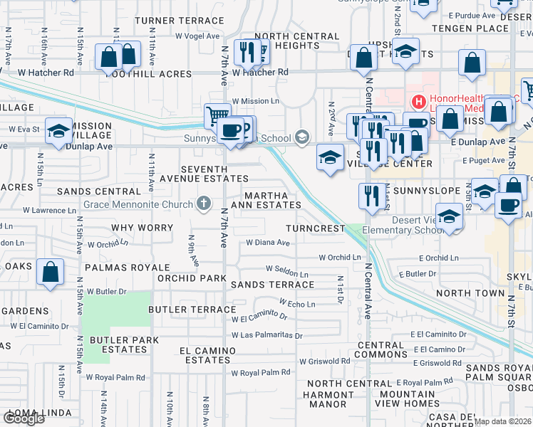map of restaurants, bars, coffee shops, grocery stores, and more near 339 West Alice Avenue in Phoenix