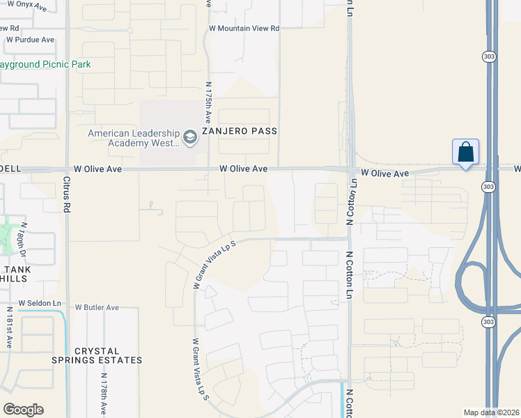 map of restaurants, bars, coffee shops, grocery stores, and more near 17225 West Olive Avenue in Waddell