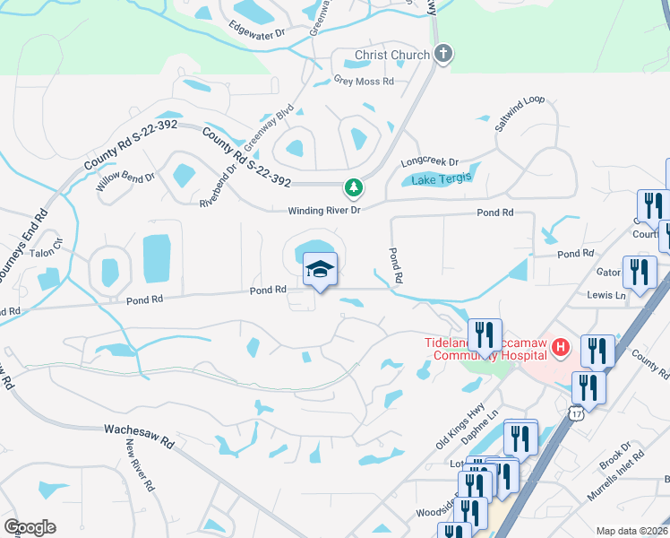map of restaurants, bars, coffee shops, grocery stores, and more near 17 Cyclamen Court in Murrells Inlet