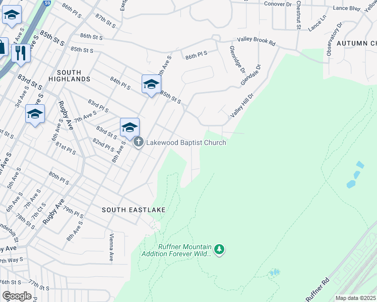 map of restaurants, bars, coffee shops, grocery stores, and more near 8324 12th Avenue South in Birmingham