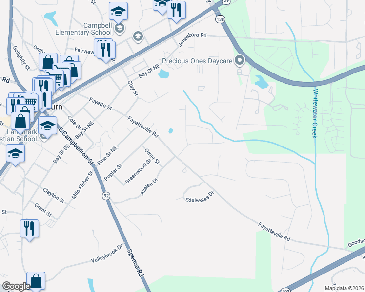 map of restaurants, bars, coffee shops, grocery stores, and more near 104 Shannon Chase Drive in Fairburn