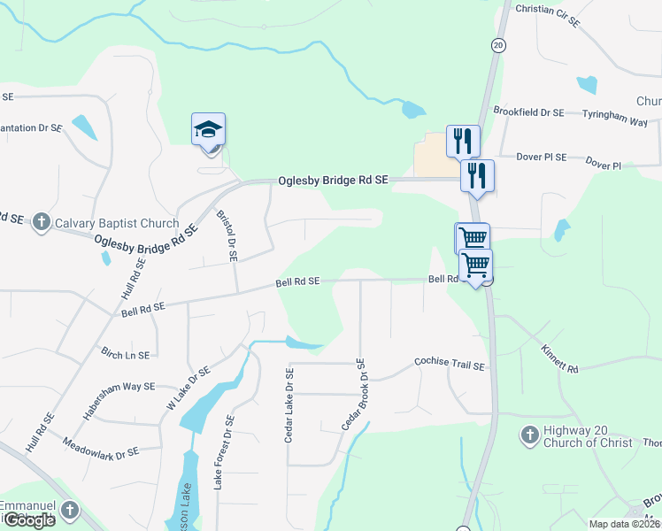 map of restaurants, bars, coffee shops, grocery stores, and more near 730 Bell Road Southeast in Conyers