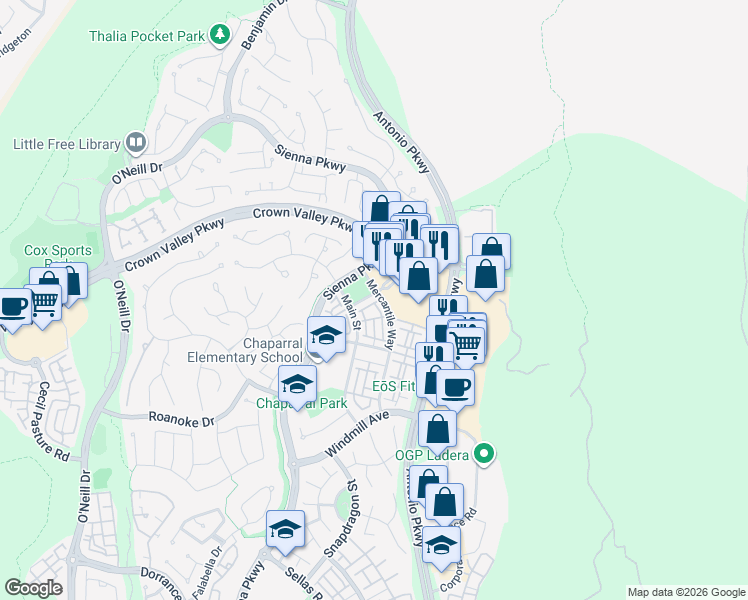 map of restaurants, bars, coffee shops, grocery stores, and more near 28 1st Street in Ladera Ranch