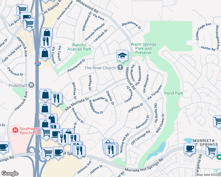 map of restaurants, bars, coffee shops, grocery stores, and more near 25449 Blackwood Road in Murrieta