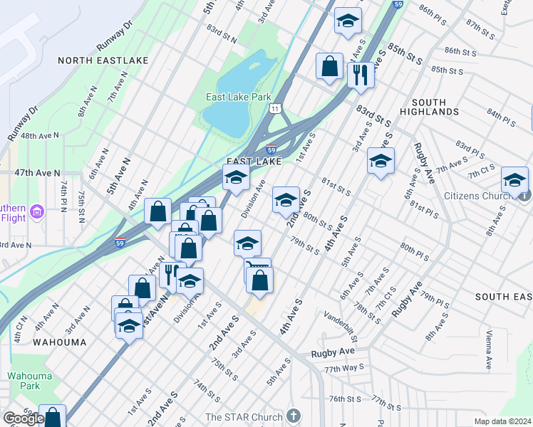 map of restaurants, bars, coffee shops, grocery stores, and more near 7912 1st Avenue North in Birmingham