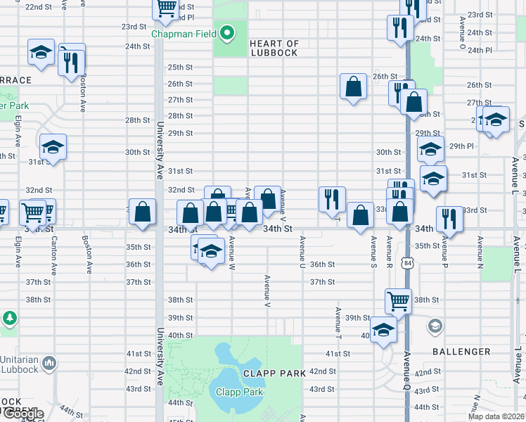 map of restaurants, bars, coffee shops, grocery stores, and more near 2205 33rd Street in Lubbock