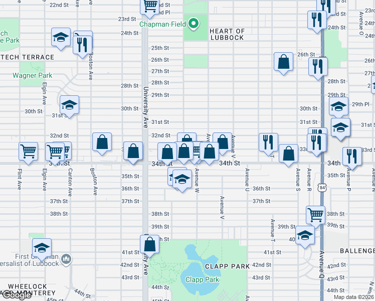 map of restaurants, bars, coffee shops, grocery stores, and more near 2323 33rd Street in Lubbock