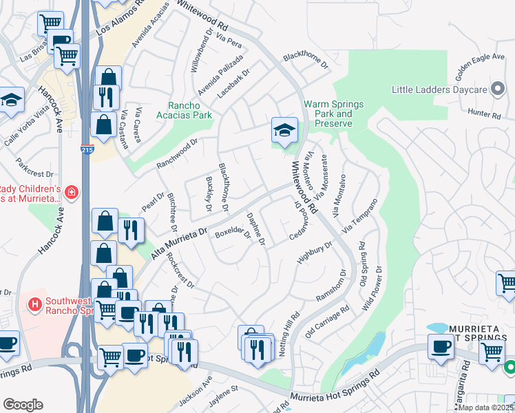 map of restaurants, bars, coffee shops, grocery stores, and more near 25449 Blackwood Road in Murrieta