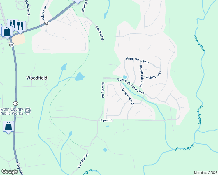 map of restaurants, bars, coffee shops, grocery stores, and more near 205 Kestrel Circle in Covington